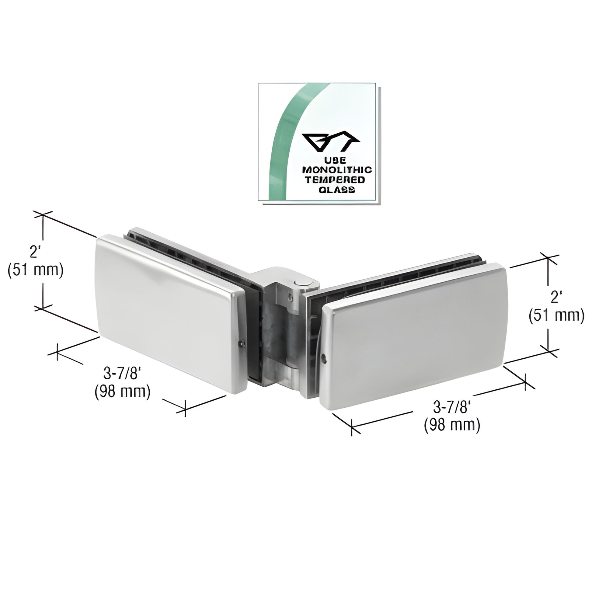 Brushed stainless steel glass-to-glass corner patch hinge for top-hung bi-fold doors; fits 3/8 or 1/2 in glass, B1R14