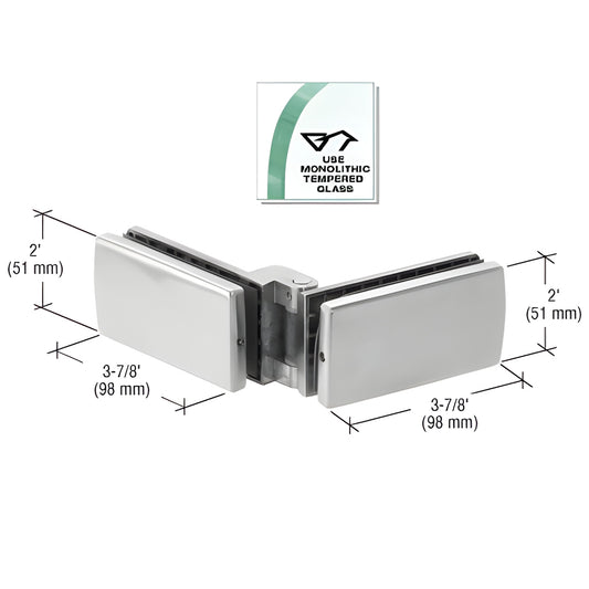 Brushed stainless steel glass-to-glass corner patch hinge for top-hung bi-fold doors; fits 3/8 or 1/2 in glass, B1R14