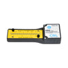 MG1500 handheld CRL glass thickness laser gauge with yellow fractional-inch scale and power button.