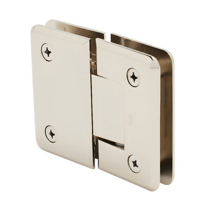 Polished nickel Pinnacle glass-to-glass shower hinge - beveled brass, self-centering, 5 pre-set, fits 8-12mm glass