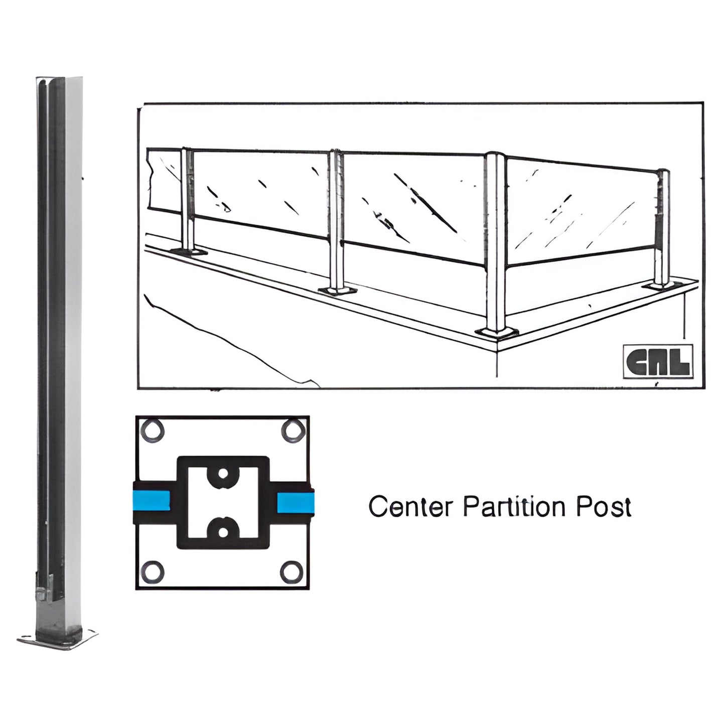 Aluminum center partition post for 1/4" glass with adjustable air gap, satin anodized 1-1/8" square extrusion (SKU D991ACC)