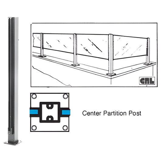 Aluminum center partition post for 1/4" glass with adjustable air gap, satin anodized 1-1/8" square extrusion (SKU D991ACC)