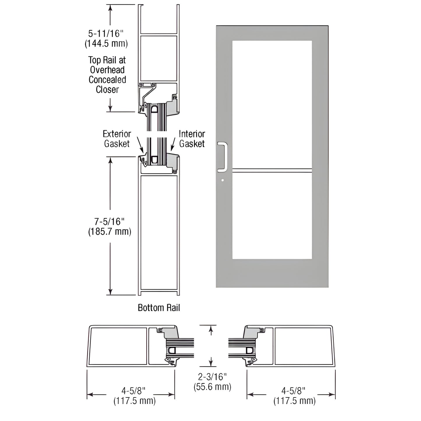 SF61911 clear anodized medium-stile storefront door diagram, impact-glazing prep, 4-5/8" stiles.