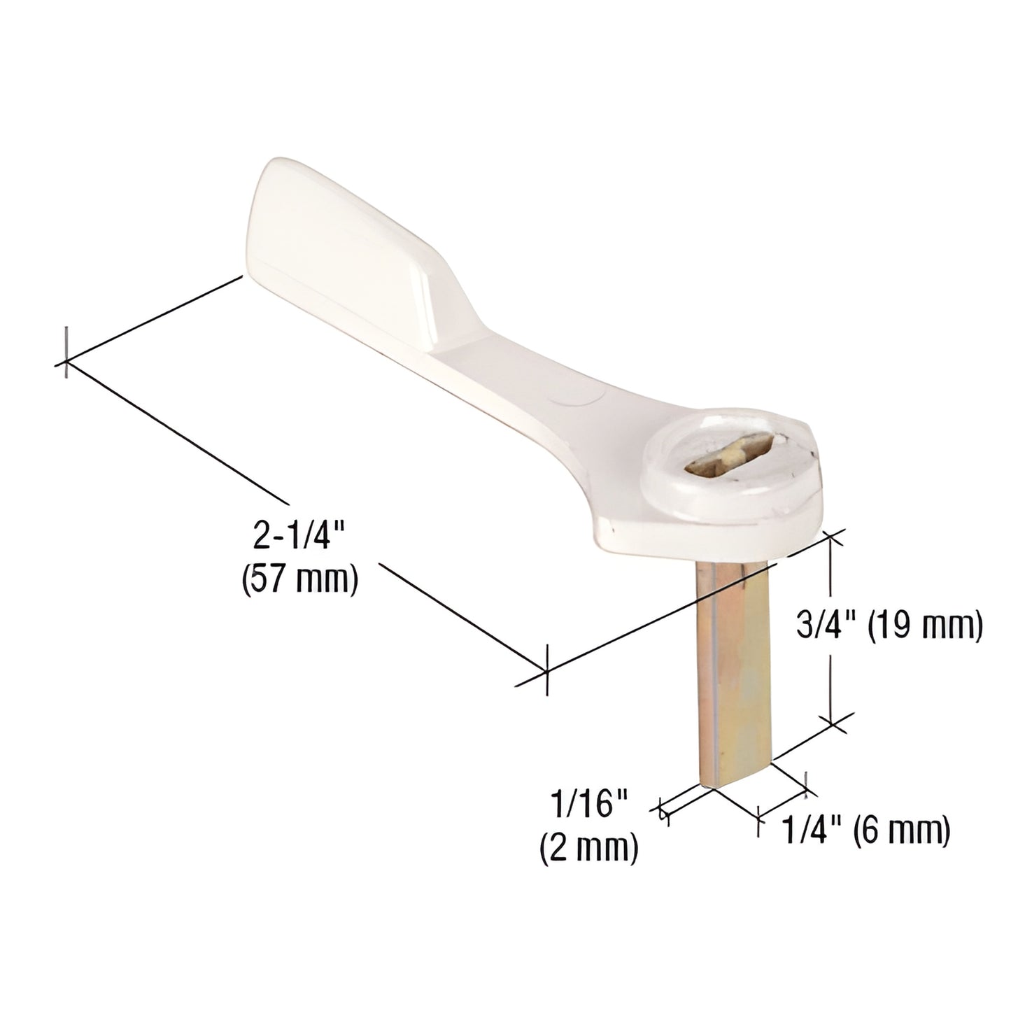 White diecast steel CRL latch lever SKU E2162 - 2-1/4 handle, 3/4 (19 mm) tailpiece with 1/4 x1/16 spindle.