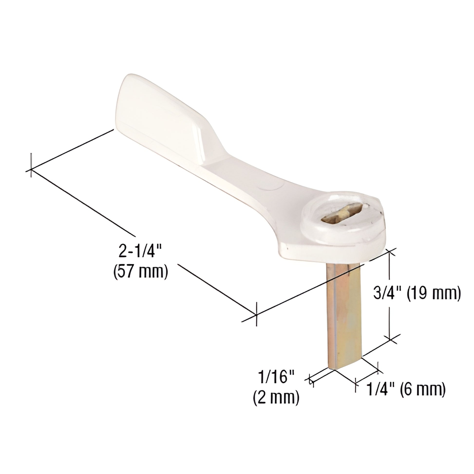 White diecast steel CRL latch lever SKU E2162 - 2-1/4 handle, 3/4 (19 mm) tailpiece with 1/4 x1/16 spindle.