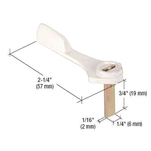 White diecast steel CRL latch lever SKU E2162 - 2-1/4 handle, 3/4 (19 mm) tailpiece with 1/4 x1/16 spindle.