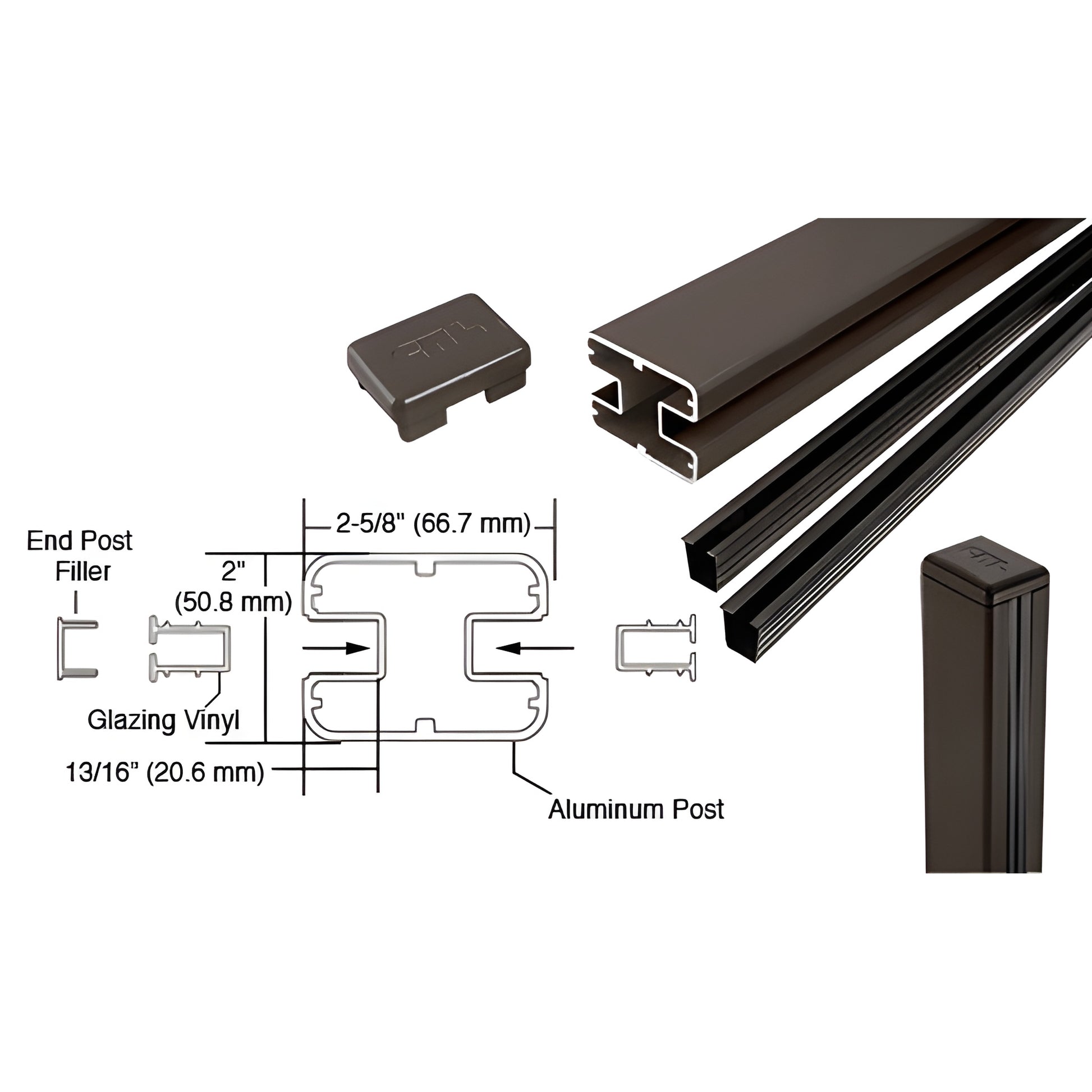 Matte bronze 48 in aluminum rectangular center post kit (180 ) with cap and glazing vinyl - SKU S48CKBRZ
