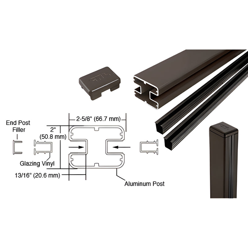 S72CKBRZ matte bronze aluminum rectangular glass railing center post kit, 72 in, fits 1/4-3/8" (dry) or 1/2" glass