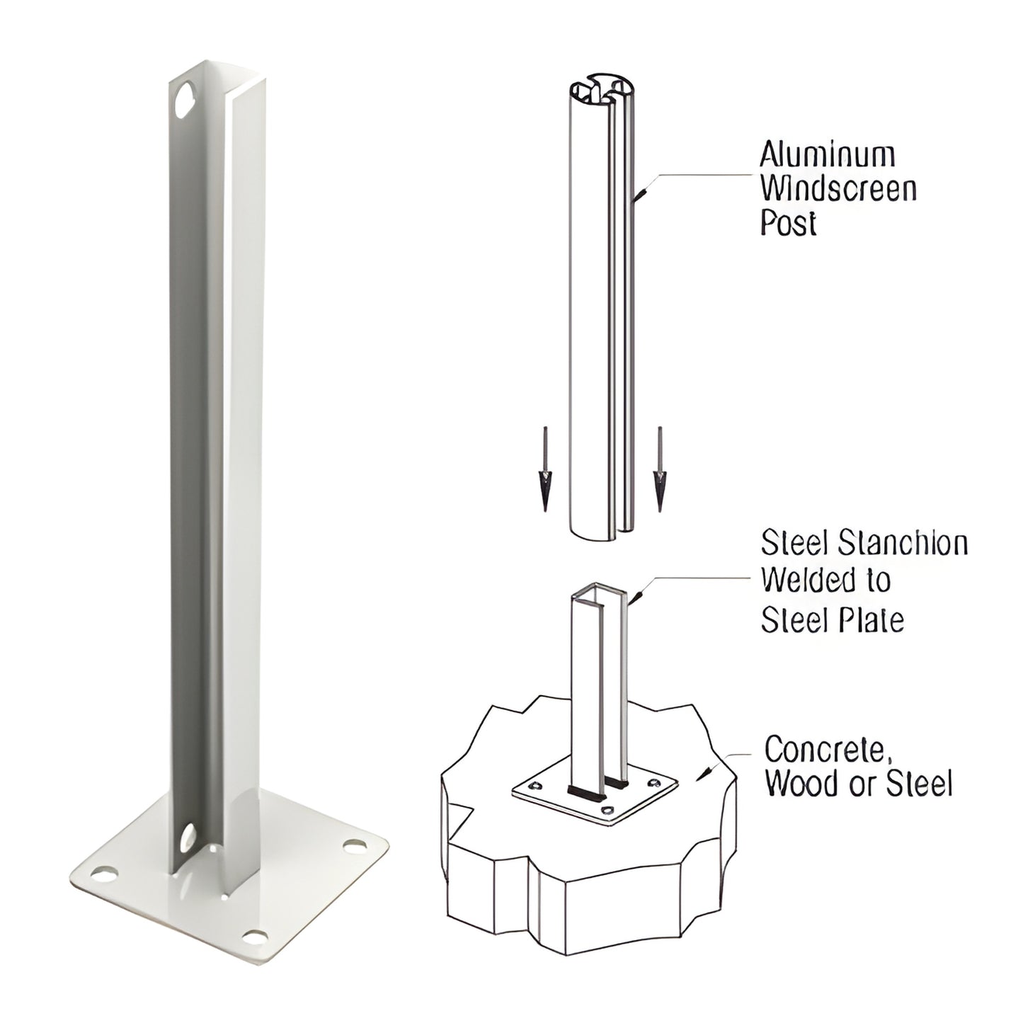 Sky white welded steel stanchion (SKU PSB1BW) with square base plate and four mounting holes, fits posts up to 48".