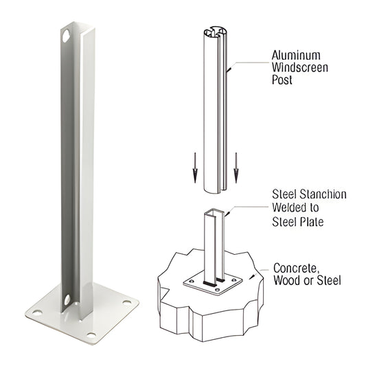 Sky white welded steel stanchion (SKU PSB1BW) with square base plate and four mounting holes, fits posts up to 48".