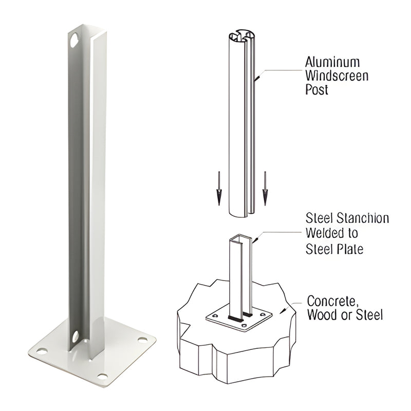 PSB5BW sky-white welded steel stanchion with 5" square base plate (4 mounting holes), for surface-mount posts up to 48".