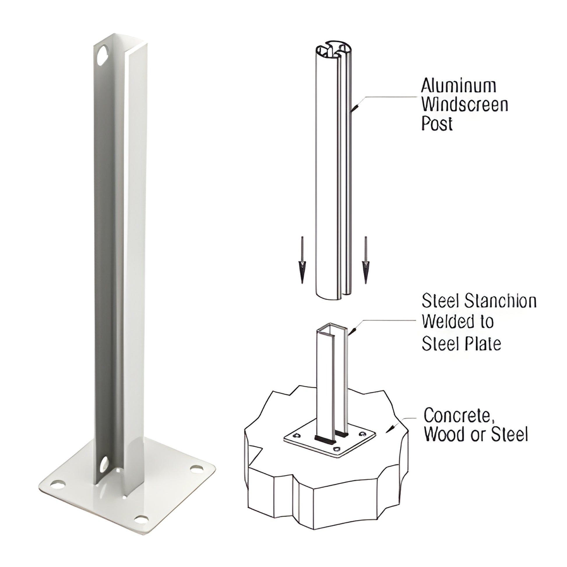 CRL PSB2BW welded steel stanchion - sky white surface-mount base plate with 4 holes and vertical post.