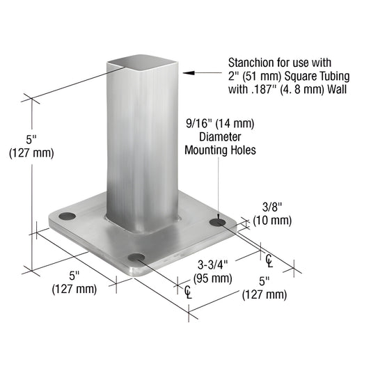 P1BFS 316 stainless steel surface-mount stanchion, fits 2" square post, 5" silver base plate with mounting holes.