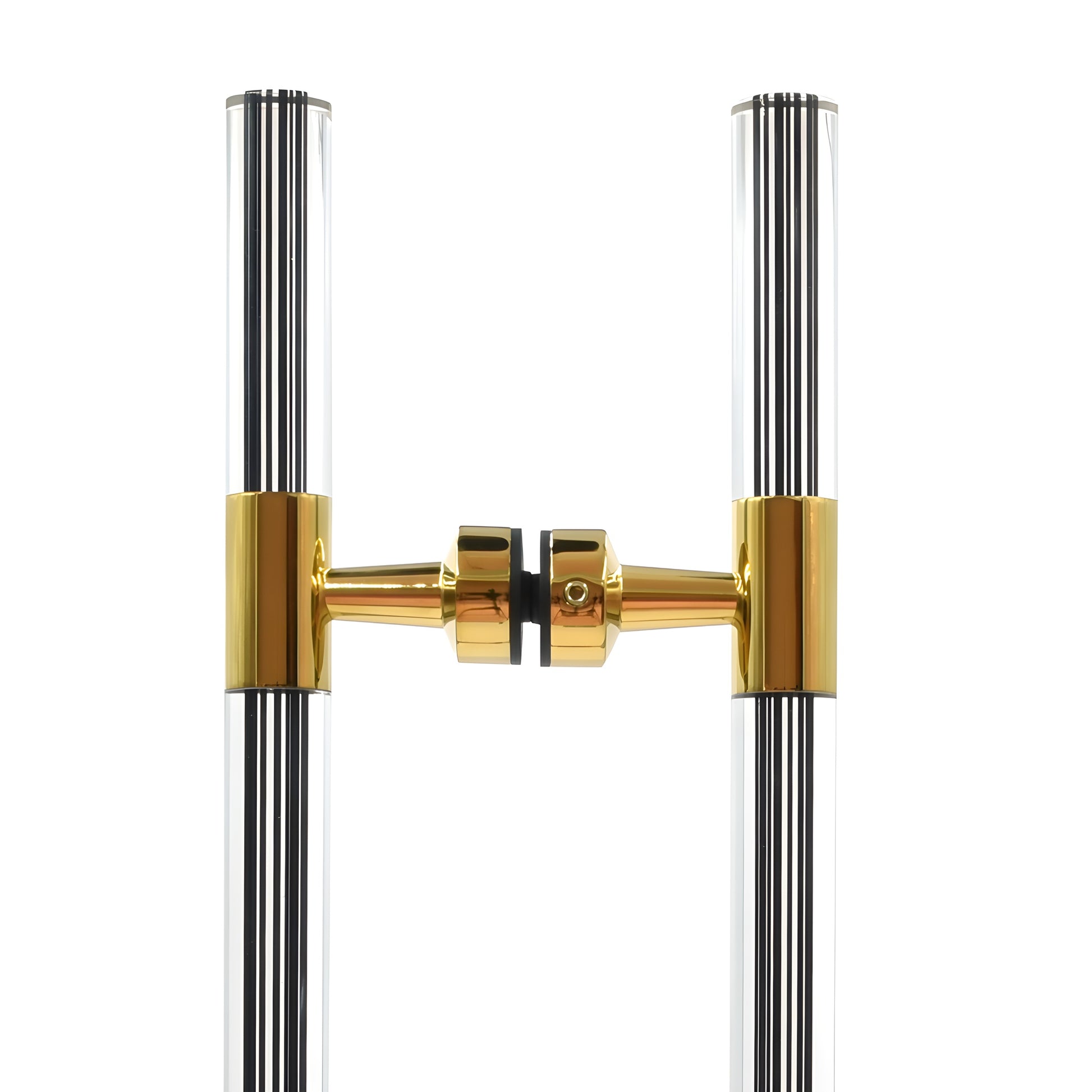 CB18X18BR polished brass ladder-style glass door pull, 27 in long, 18 in center-to-center, stainless tubing with black acryli