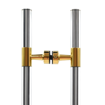 CB18X18BR polished brass ladder-style glass door pull, 27 in long, 18 in center-to-center, stainless tubing with black acryli