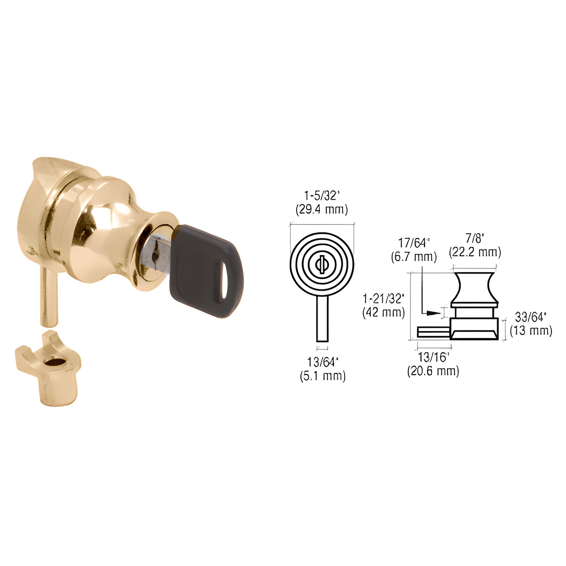 Gold-plated LK40KA plunger lock for 1/4" (6mm) glass doors, includes key and matching keeper, requires 1" hole.