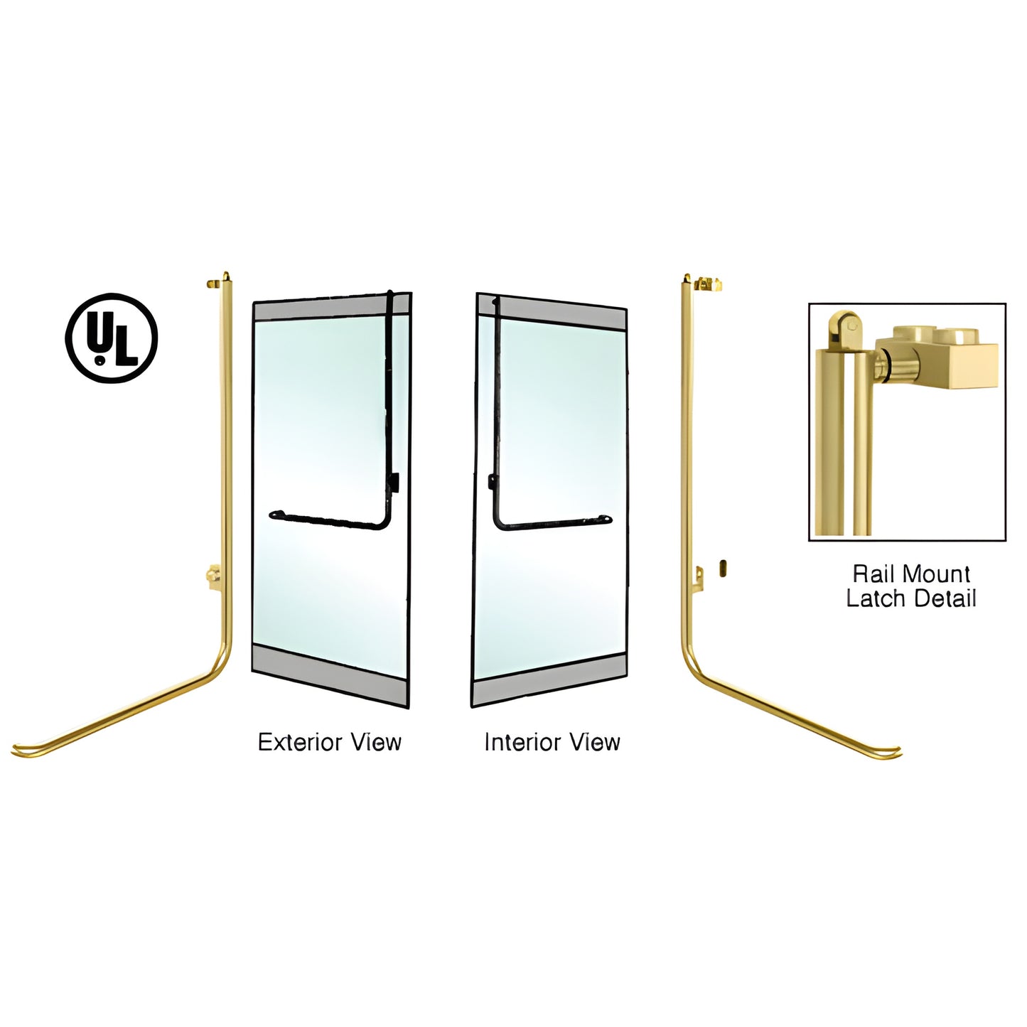 PA100D4RKPB polished brass rail mount panic handle for 1/2" glass doors, 1 1/4" tube, ADA compliant, exterior keyed option