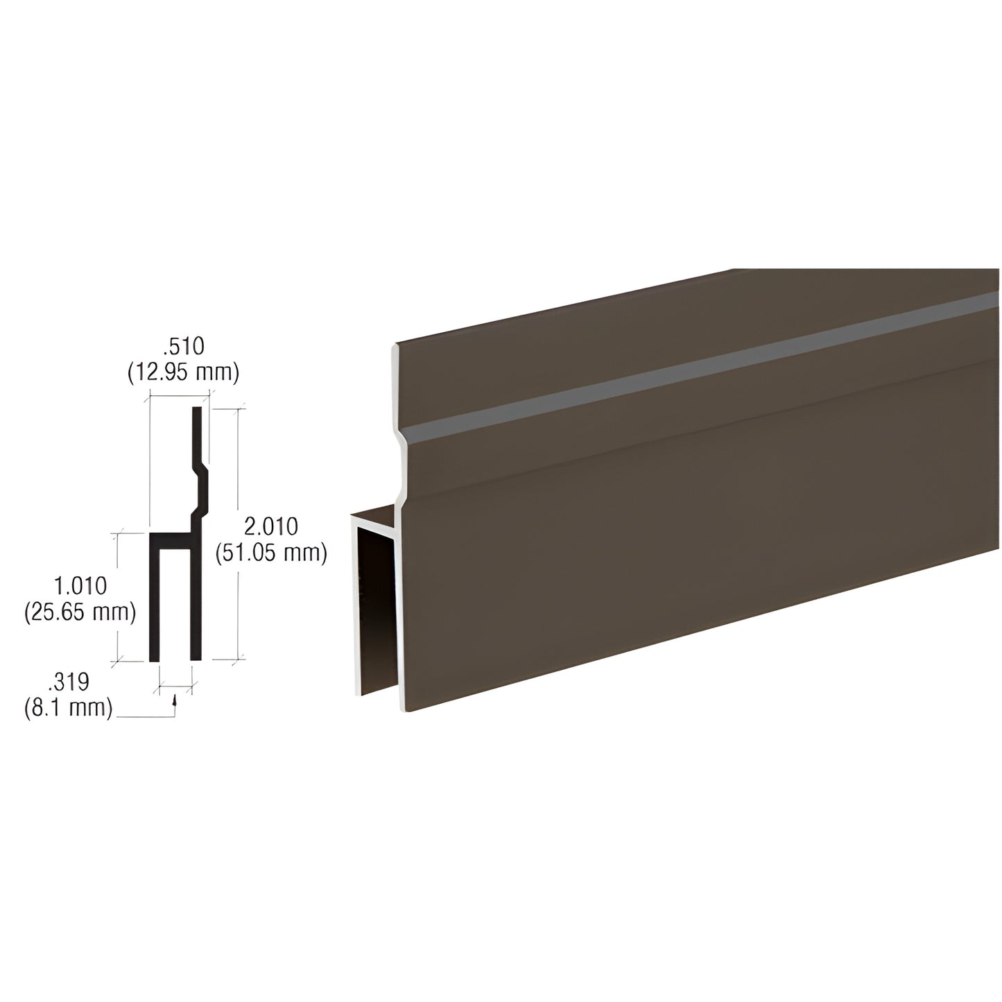 Duranodic bronze anodized aluminum extrusion profile (SKU D40DU), 2" tall, 12' length, 0.51" wide, pocket .319"