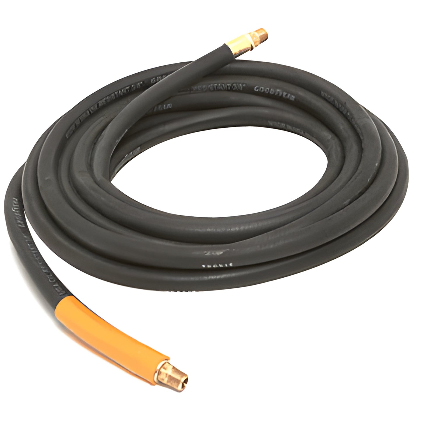 Coiled black 3/8" Goodyear rubber air hose with brass male fittings and orange kink resistant sleeve. SKU AM1019
