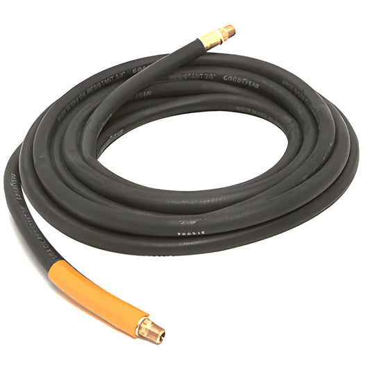 Coiled black 3/8" Goodyear rubber air hose with brass male fittings and orange kink resistant sleeve. SKU AM1019