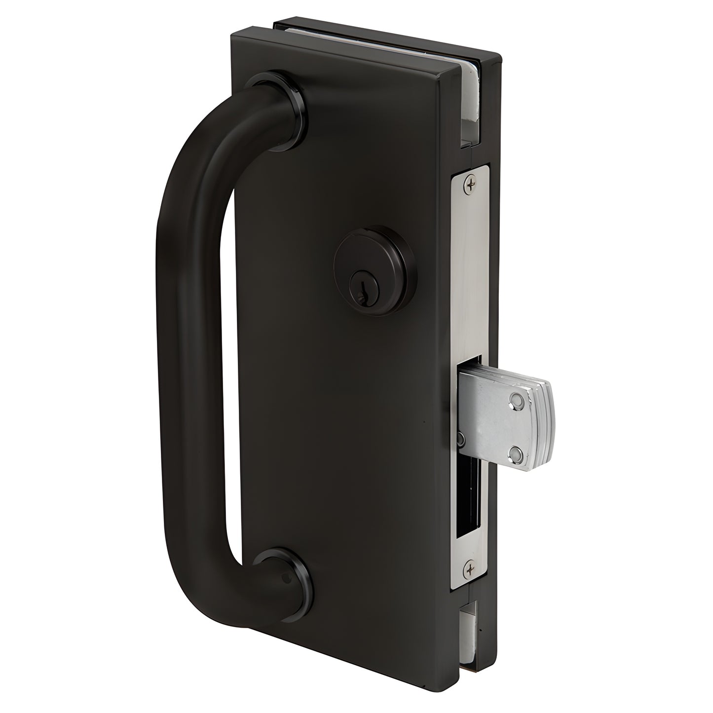Black bronze anodized 4x10 glass door center lock with longthrow latch and pull handle (SKU: DT410DUC)