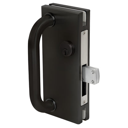 Black bronze anodized 4x10 glass door center lock with longthrow latch and pull handle (SKU: DT410DUC)