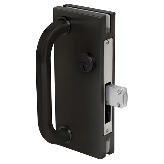 Black bronze anodized 4x10 glass door center lock with longthrow latch and pull handle (SKU: DT410DUC)