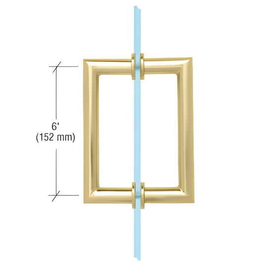 Unlacquered brass mitered-square back-to-back glass pull handle, 6" center (SKU MT6X6ULBR) for shower/wardrobe doors