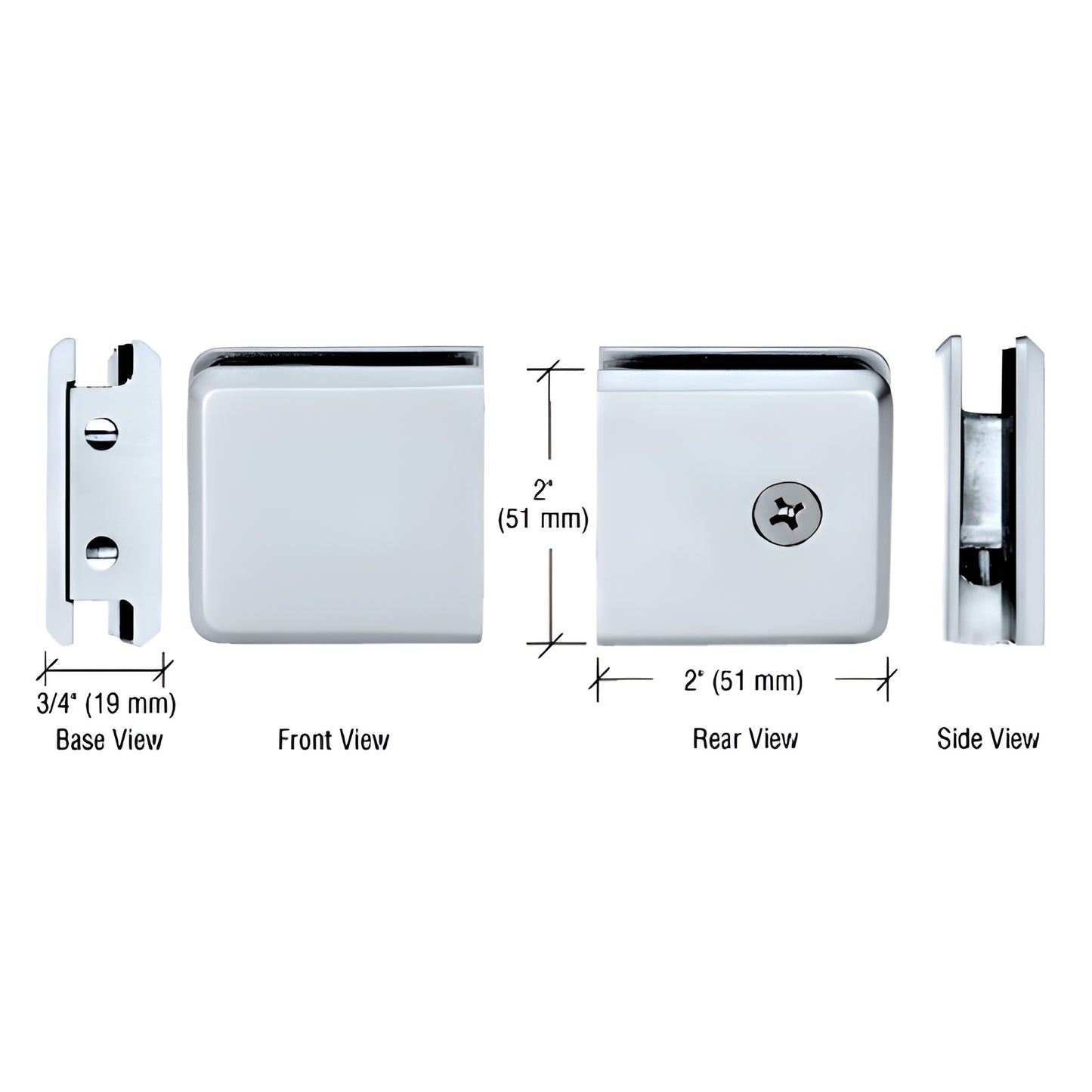 BGCU1CH polished chrome beveled solid-brass wall-mount glass clamp, 2" square, for 3/8-1/2" tempered glass, multiple views