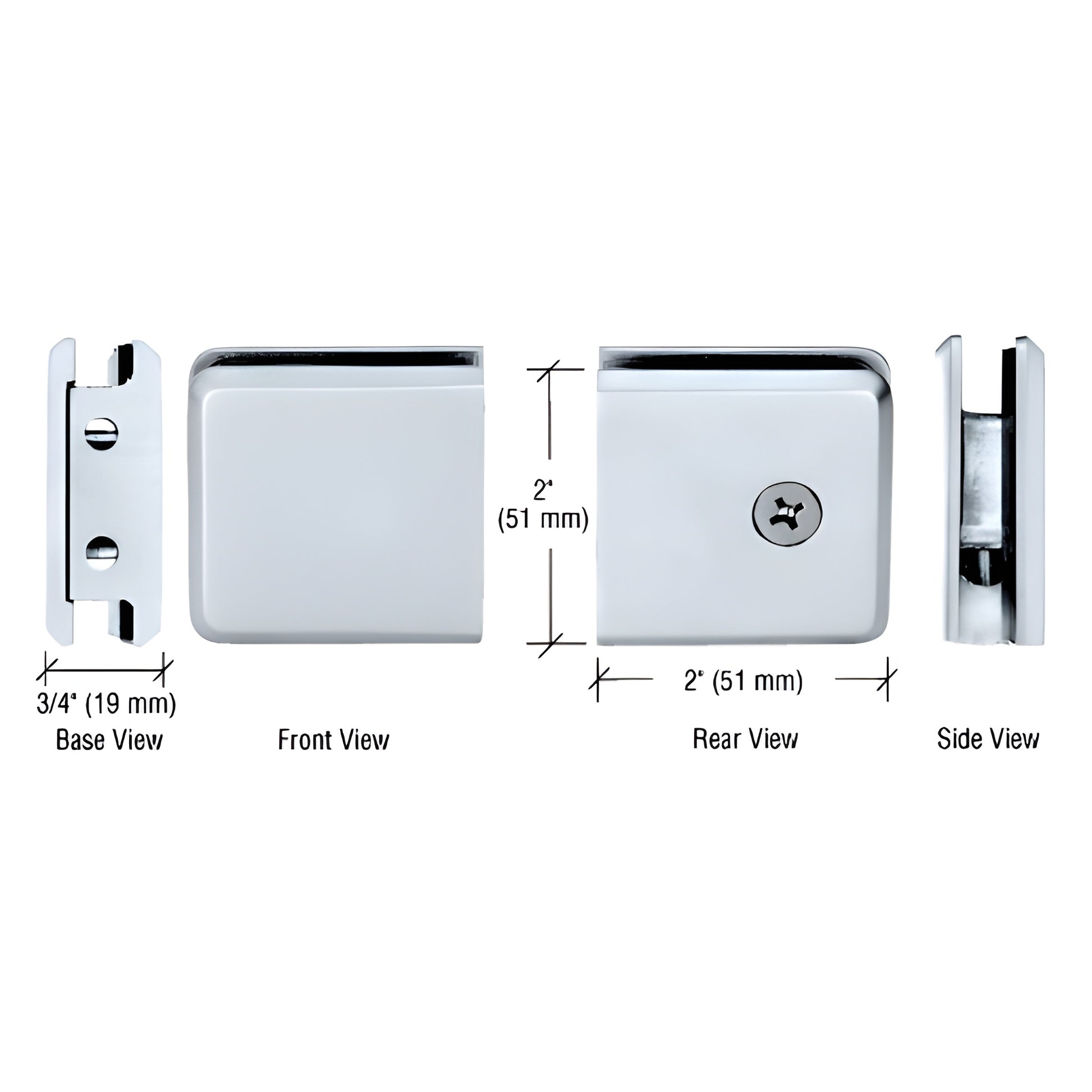 BGCU1CH polished chrome beveled solid-brass wall-mount glass clamp, 2" square, for 3/8-1/2" tempered glass, multiple views