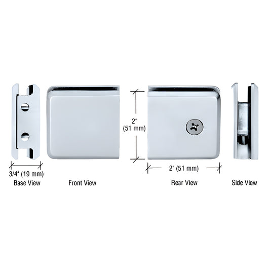 BGCU1CH polished chrome beveled solid-brass wall-mount glass clamp, 2" square, for 3/8-1/2" tempered glass, multiple views
