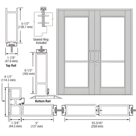DC92811: Clear anodized Durafront WS double commercial entrance door drawing showing rails and hardware prep.