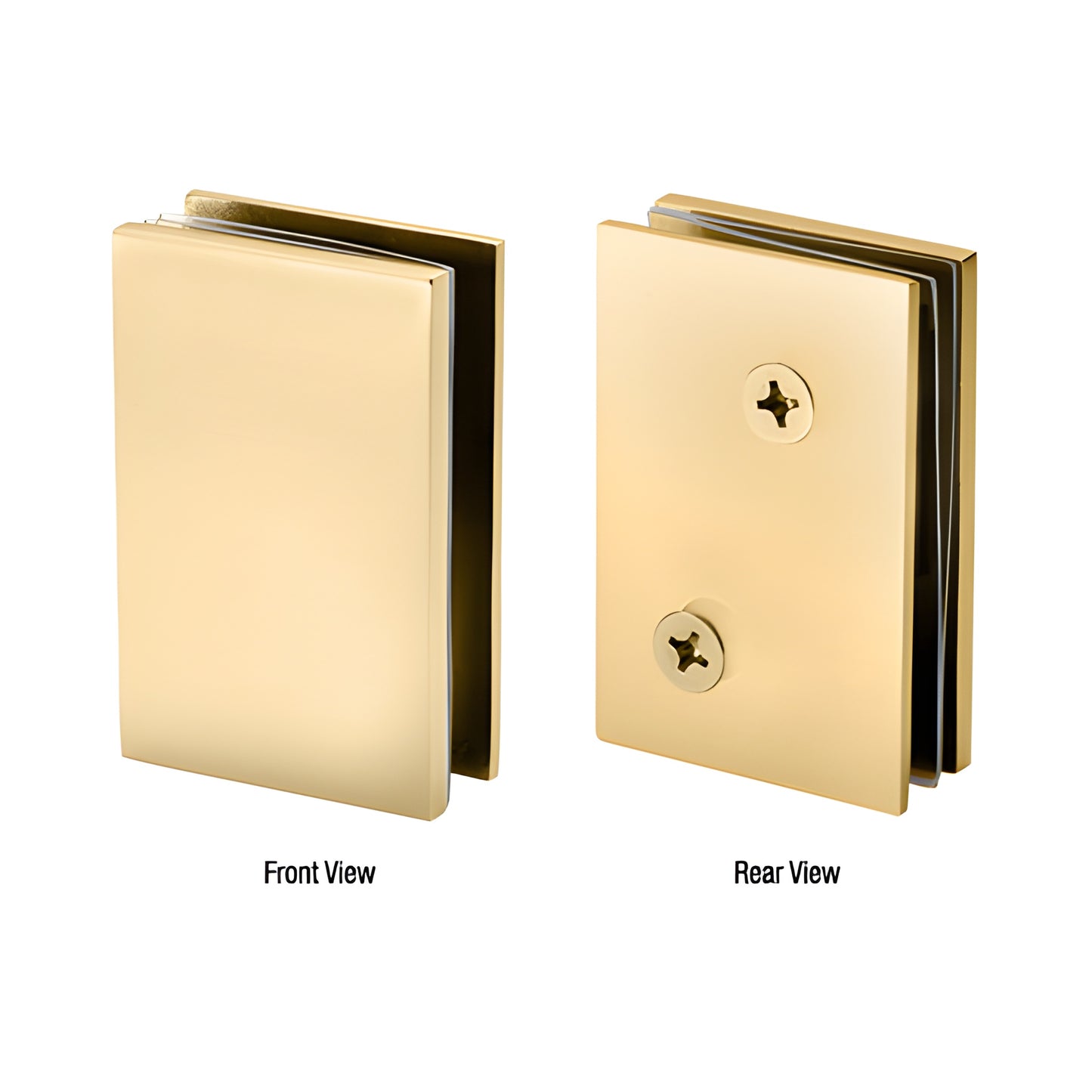 Satin brass 90 Cambridge return bracket (SKU CAM90SB), stainless steel, for 8-10mm glass - front and rear views