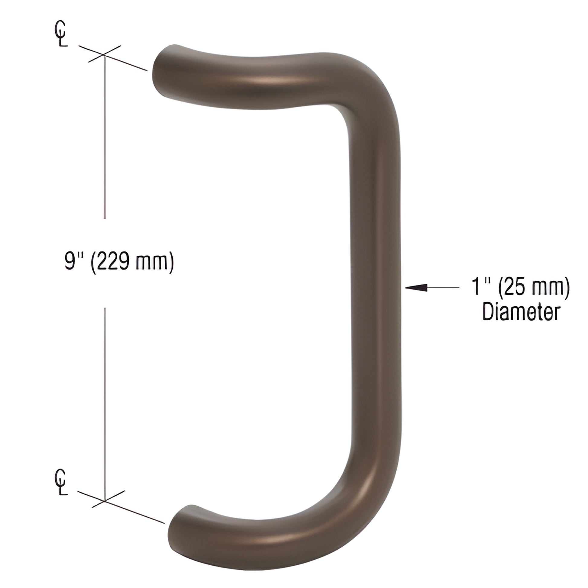 Bronze solid aluminum door pull handle, 9" center-to-center, 1" diameter, 2.5" projection (SKU PR0322209)