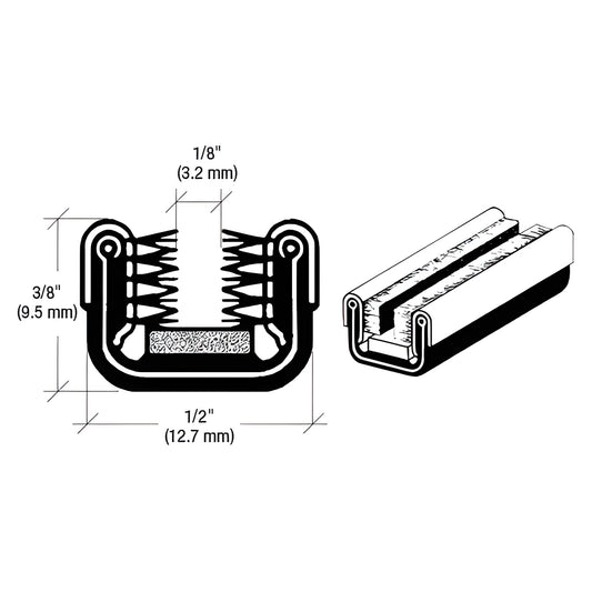Diagram of black rubber flexible window channel with felt/pile lining, 1/8" glass fit, 1/2" wide, SKU 5P96