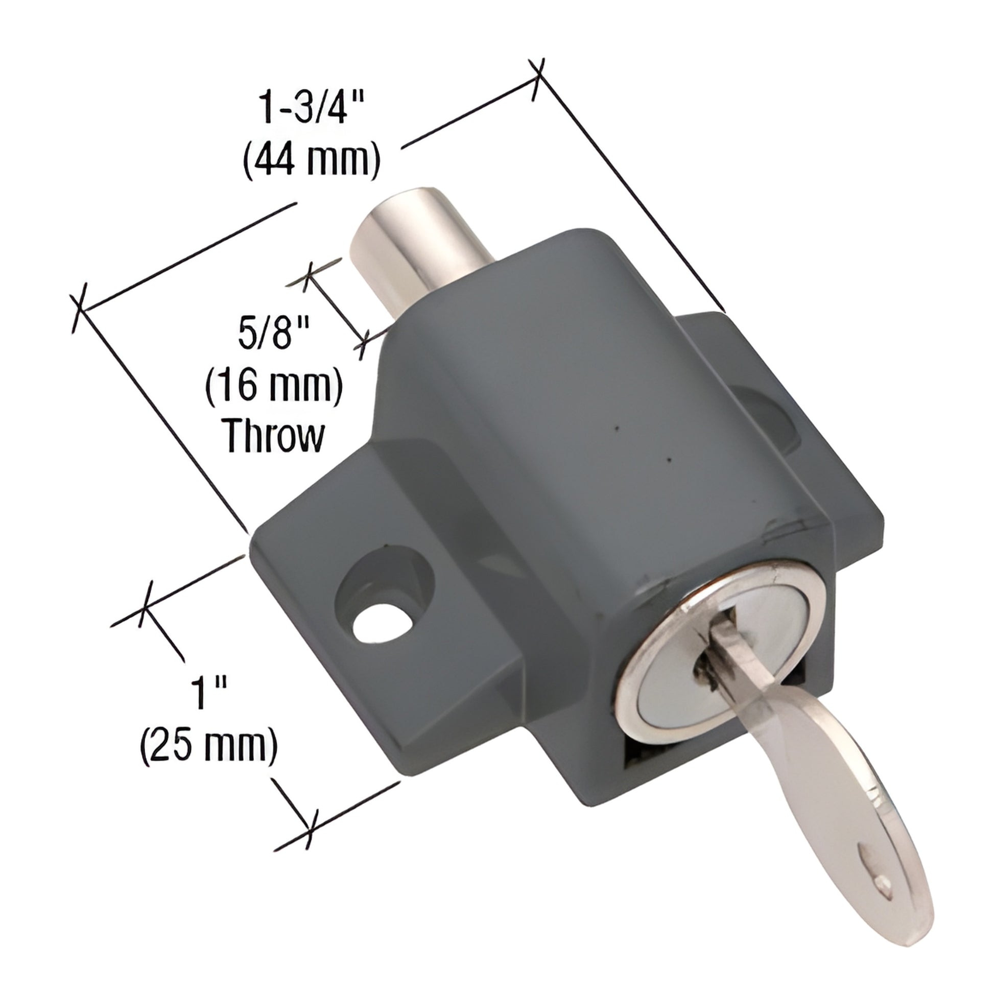 Black keyed patio door lock (SKU S4005), zinc die-cast body, 5/8" throw, case-hardened bolt, includes key and screws