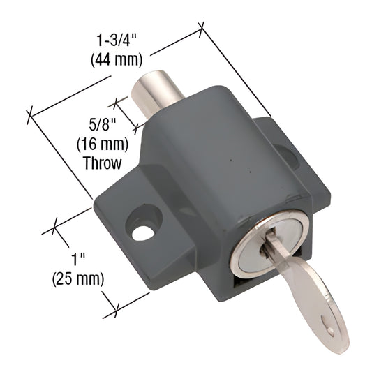 Black keyed patio door lock (SKU S4005), zinc die-cast body, 5/8" throw, case-hardened bolt, includes key and screws