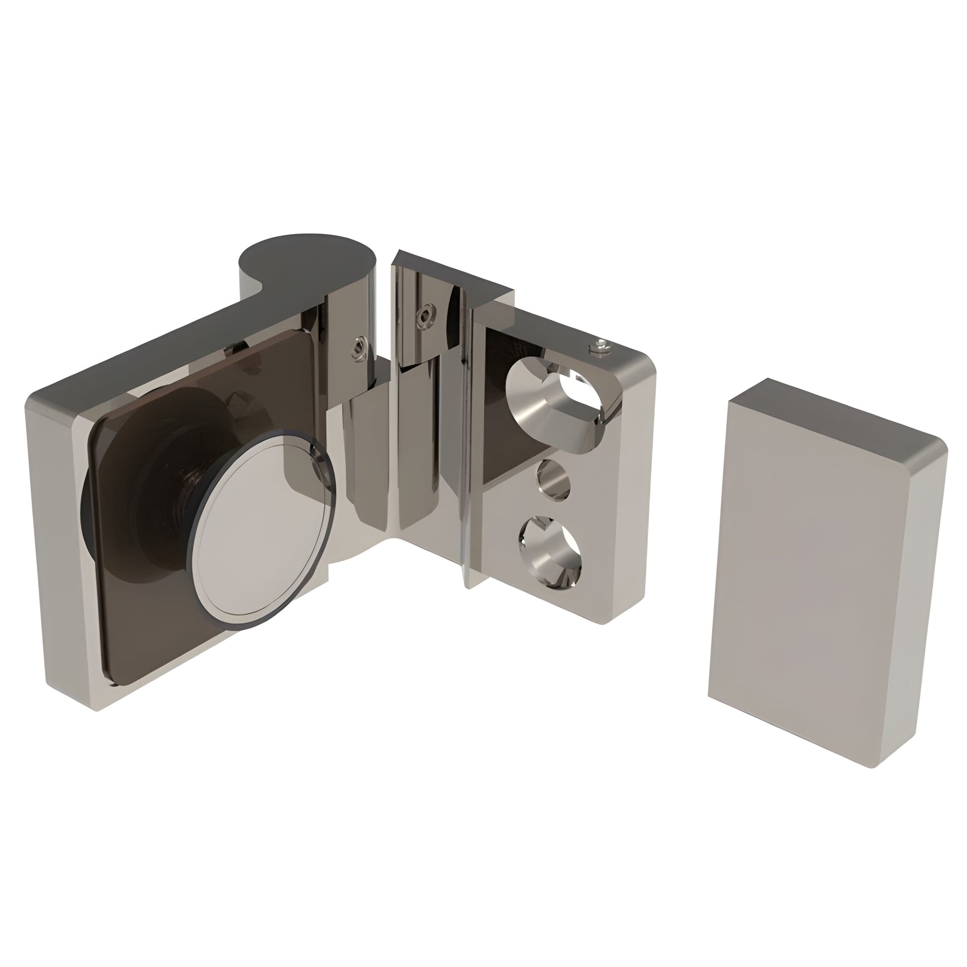 Lugano LUG044LBN brushed-nickel frameless glass shower hinge, offset right-hand, concealed-screw design.