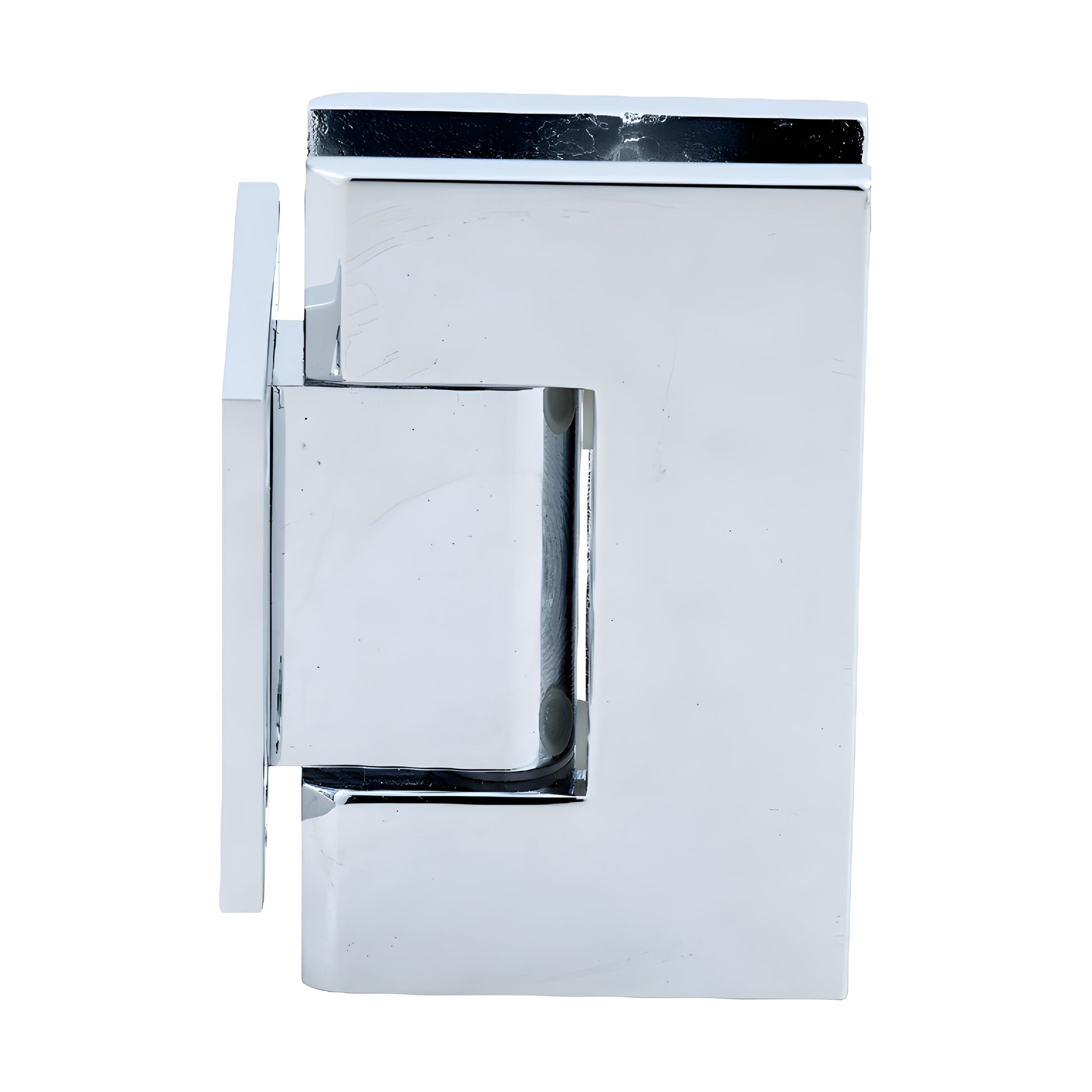 Polished chrome Geneva shower door hinge, short wall-mount back plate for 8-12mm tempered glass.