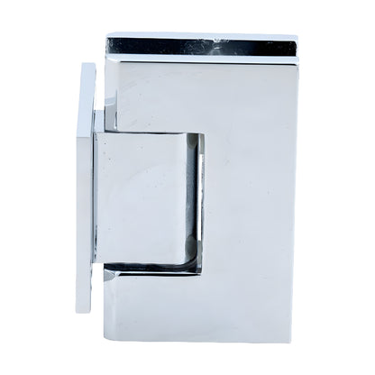 Polished chrome Geneva shower door hinge, short wall-mount back plate for 8-12mm tempered glass.
