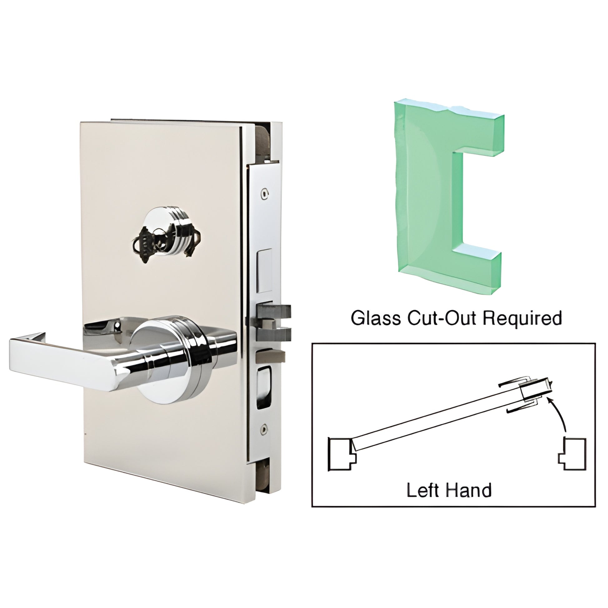 Polished stainless 6x10 center lock for 1/2 in glass, left-hand lever handle DL610LEPS
