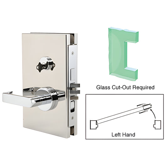 Polished stainless 6x10 center lock for 1/2 in glass, left-hand lever handle DL610LEPS