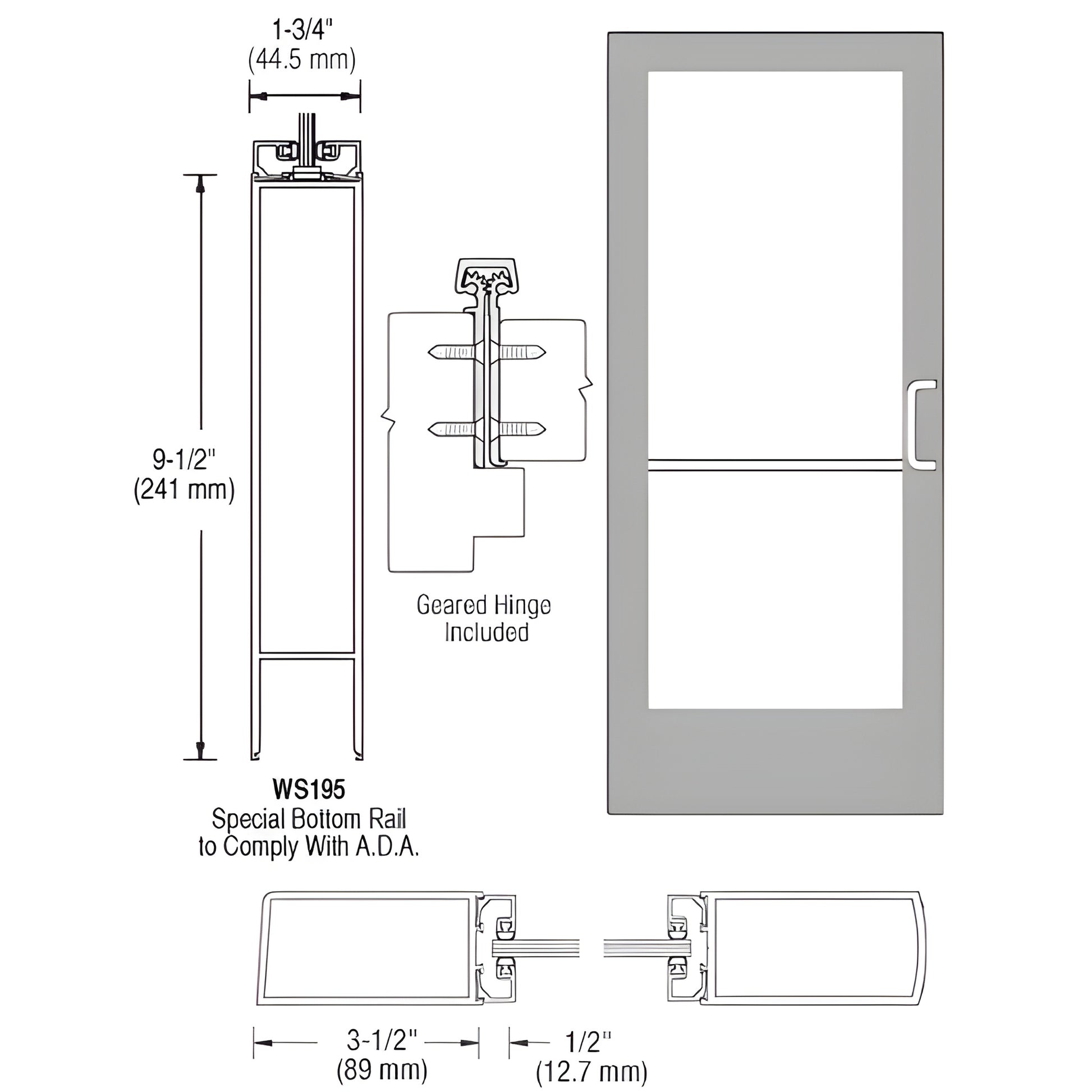 Clear anodized aluminum commercial entrance door SKU DE42811R136 with 9-1/2" ADA bottom rail, 3-1/2" stiles and glass panel.