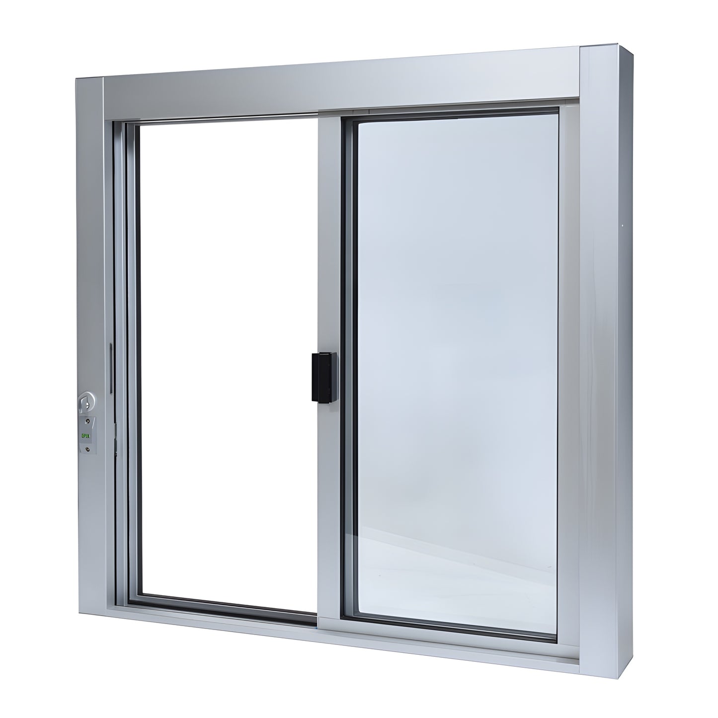 Satin anodized aluminum self-closing XO sliding service window SCDW3636X0GA, 36x36, 1/4in tempered glass, thumbturn lock