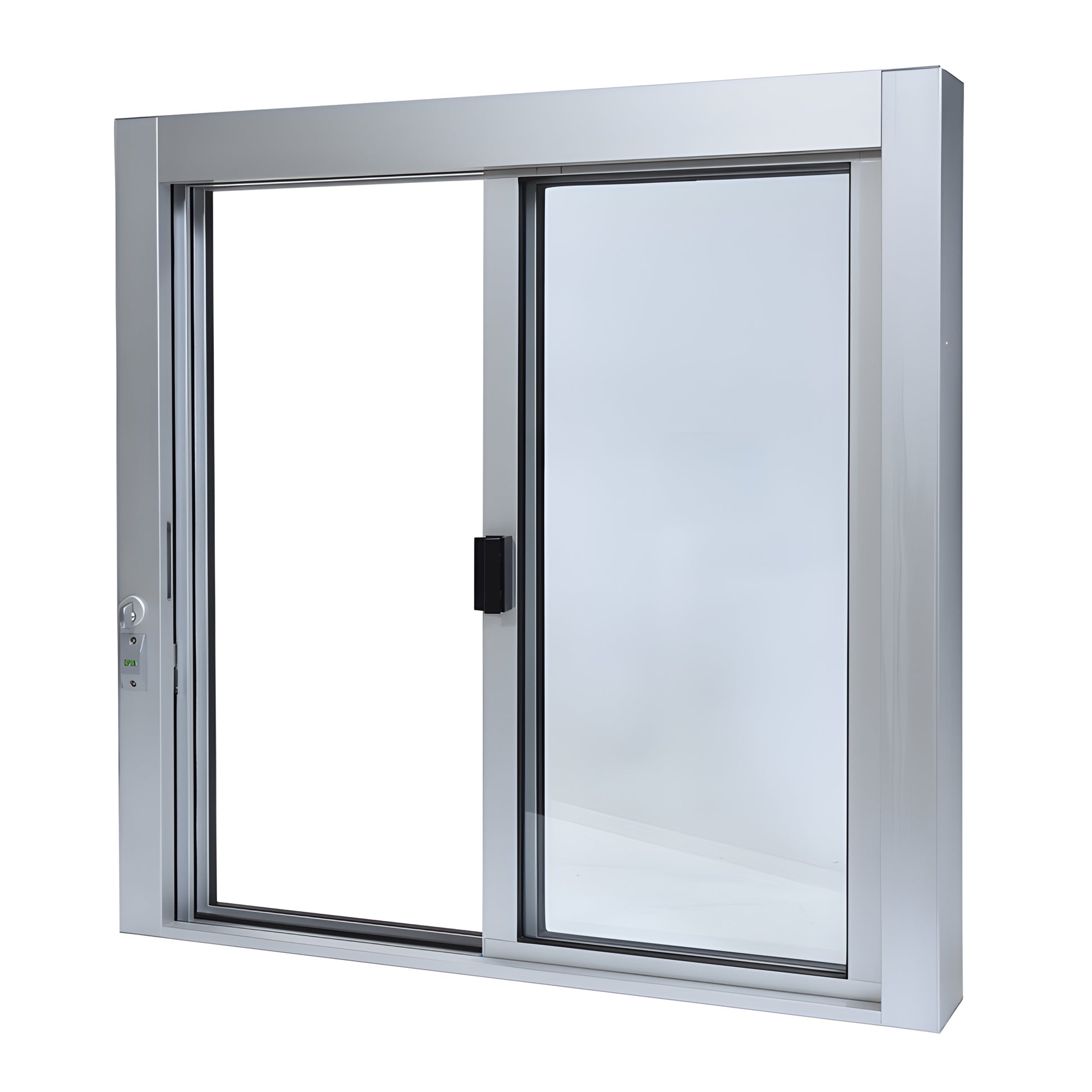 Satin anodized aluminum self-closing XO sliding service window SCDW3636X0GA, 36x36, 1/4in tempered glass, thumbturn lock