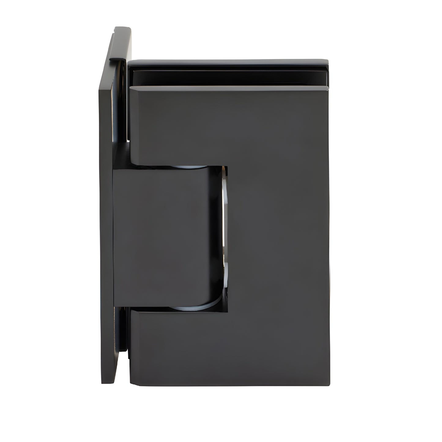 MEL024MBL matte black solid-brass shower door hinge, wall-mount offset design for 8-12mm tempered glass.