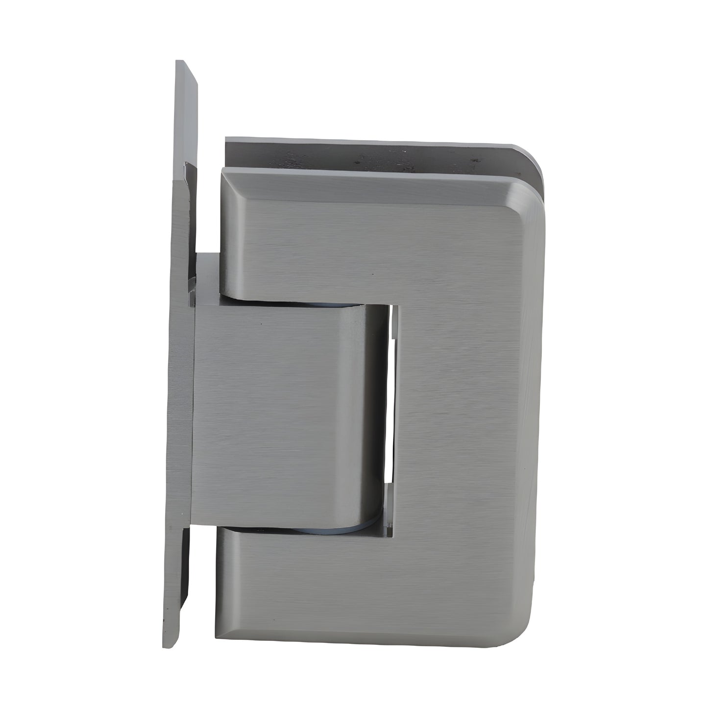 Pinnacle adjustable shower hinge, brushed nickel, brass wall mount for 8-12mm tempered glass. SKU P1N344BN