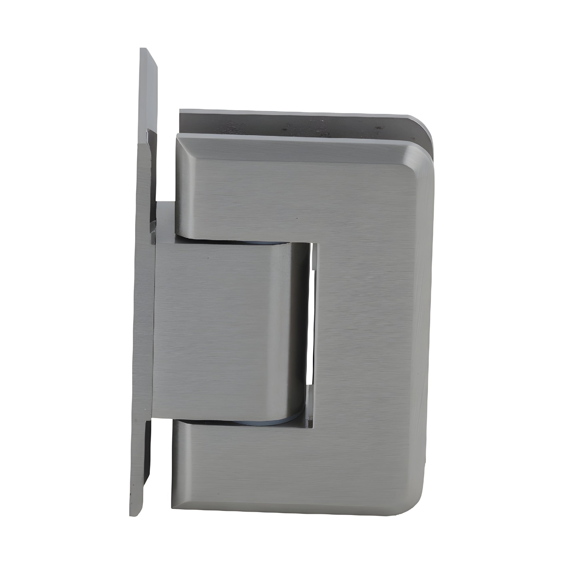 Pinnacle adjustable shower hinge, brushed nickel, brass wall mount for 8-12mm tempered glass. SKU P1N344BN
