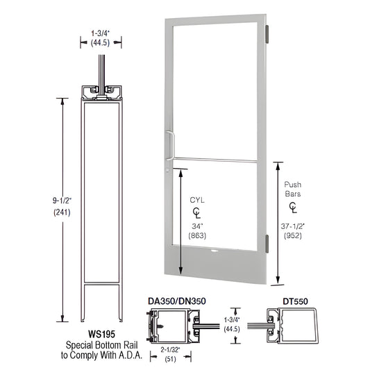 Clear anodized narrow stile 36x84 in active door leaf for 1 in glass, butt-hung 250 series (SKU 1DE22511LA36)