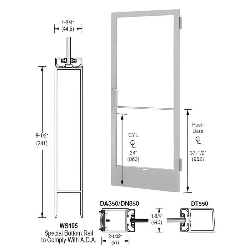 DE22511LA36 clear anodized 36x84 commercial glass entrance door leaf with narrow stiles, bottom rail and push bar.